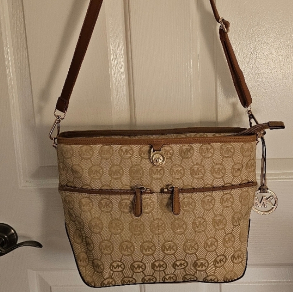 Michael Kors Tan Logo Canvas Shoulder Bag